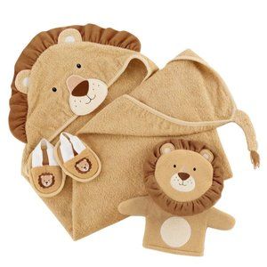 NWT! Baby Aspen Three Piece Baby Lion Hooded Bath Set - Towel, Shoes, Mitt